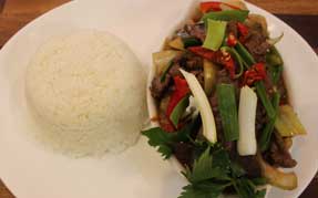 Oksekød i rød karry m. chillipasta og thaibasilikum 